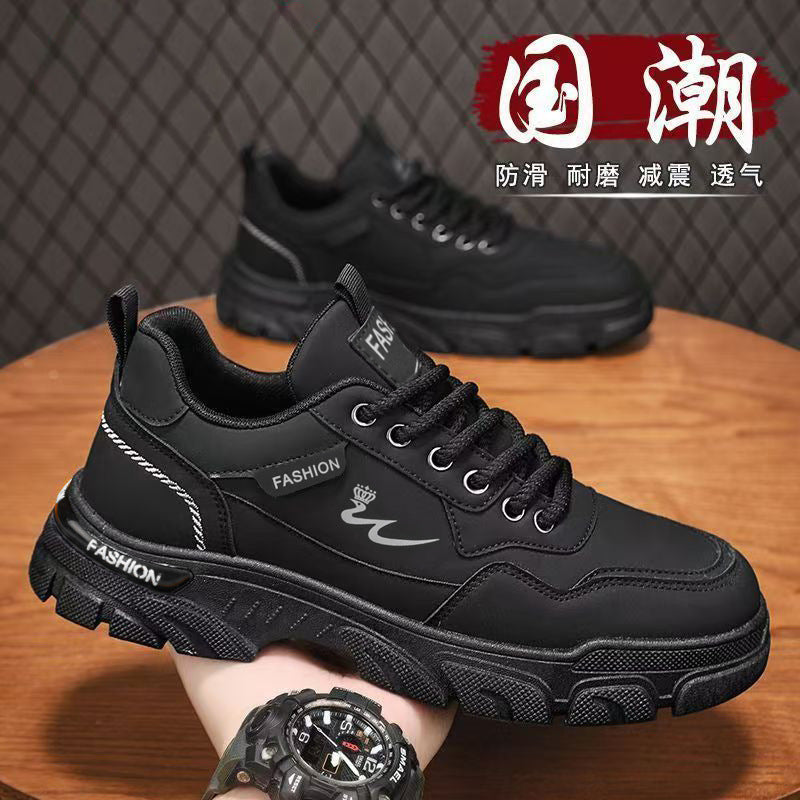 Men's spring black work shoes - non-slip, durable, breathable safety shoes for kitchen, construction, and general labor