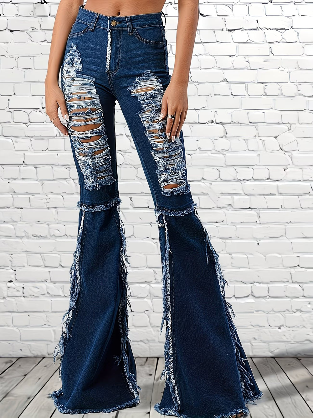 Fashionjeans women's cross-border high waist ripped micro-flared pants tassel raw edge washed silm high denim pants