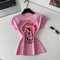 Cartoon cat print short-sleeve knit tank top - women's summer style, slim fit, youthful, versatile casual top