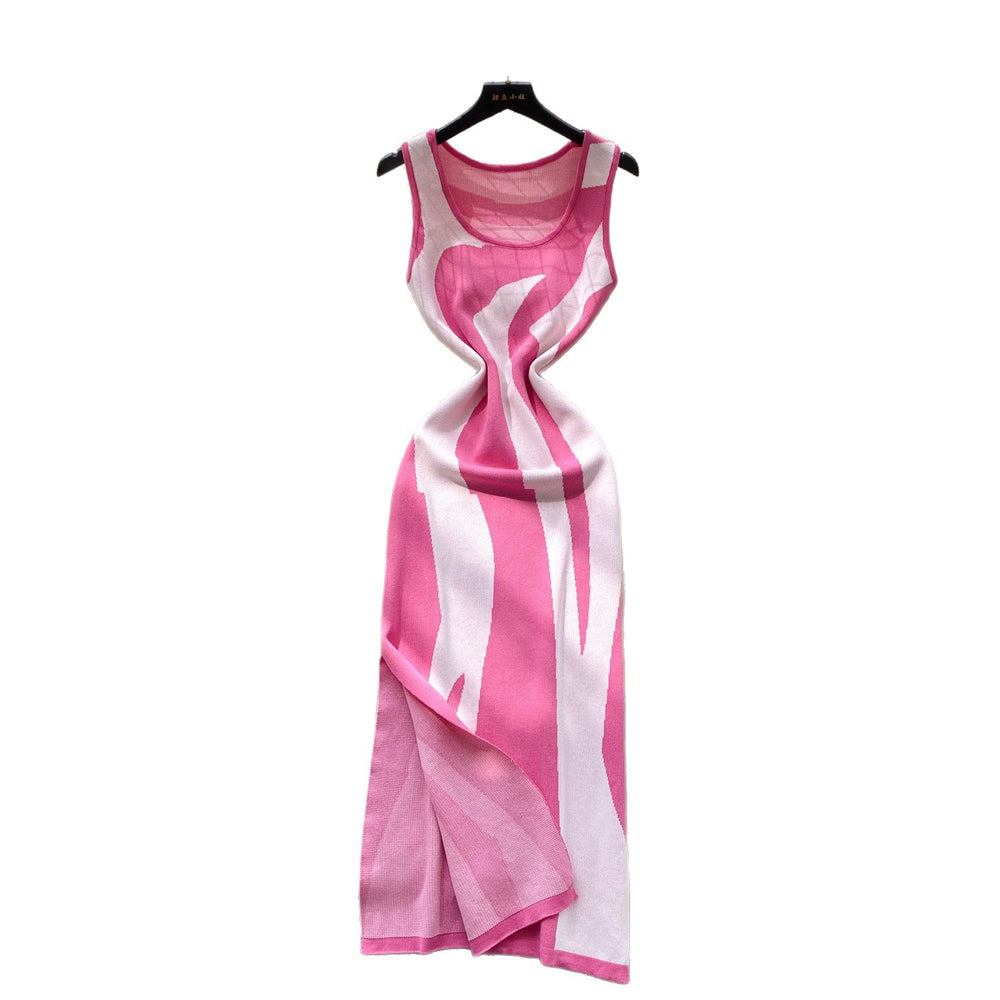 French style printed sleeveless knit dress - women's summer new arrival, slim fit, figure-flattering, slit detail, elegant and chic maxi dress