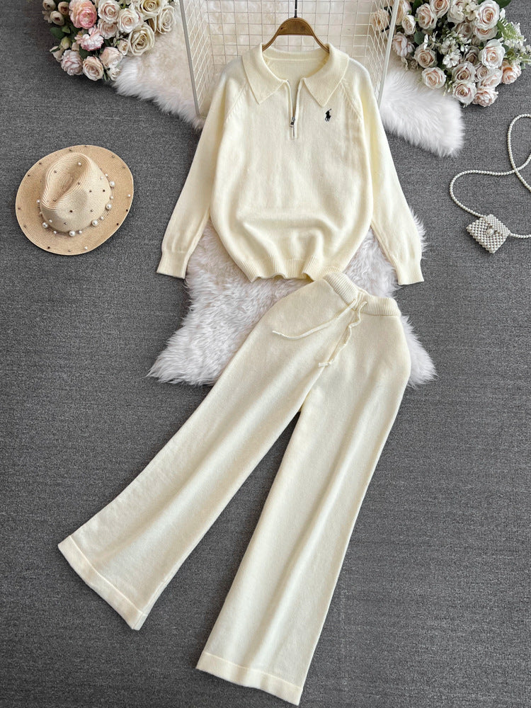Fashionsuitfemalek-stylelong sleeves lapel looseknitting shirt sweatertwo-piece setcasualhigh waiststraight-legloose pants