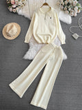 Fashionsuitfemalek-stylelong sleeves lapel looseknitting shirt sweatertwo-piece setcasualhigh waiststraight-legloose pants