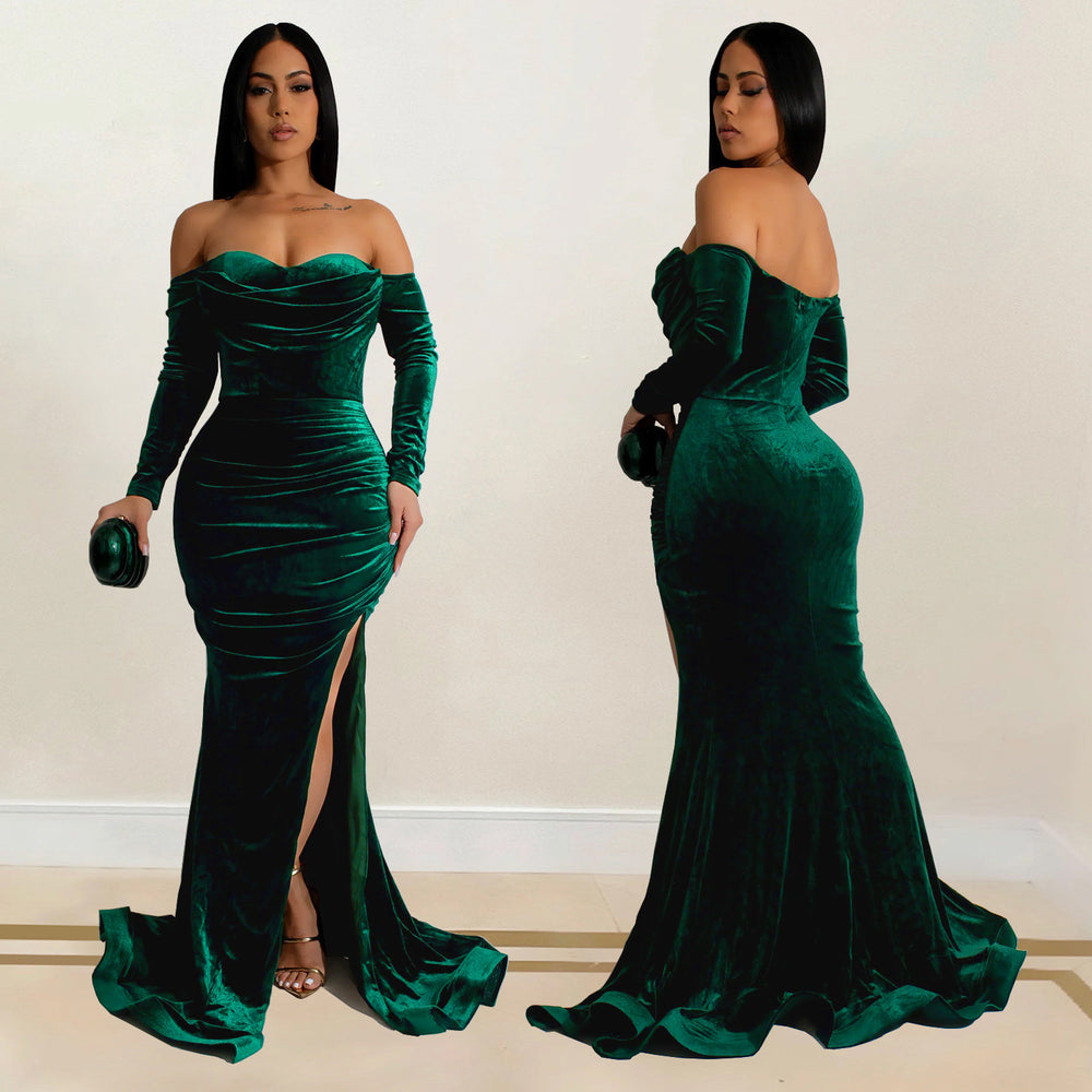 C7157 cross-border   fashion women's solid color slit evening dress low-cut dress new
