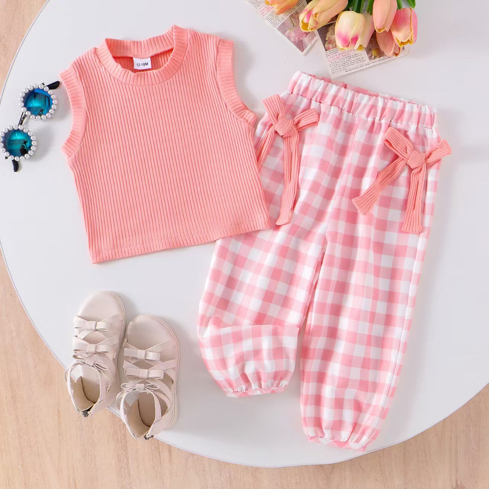 Children's clothing  fashion children's clothing girl purple vest + plaid pants cross-border