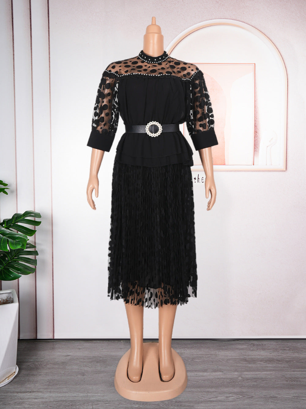 Aliexpress cross-border fashion: new european and american style plus size women's dress - african mesh lace trim, pearl embellished chiffon dress