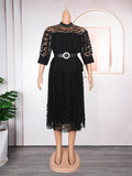 Aliexpress cross-border fashion: new european and american style plus size women's dress - african mesh lace trim, pearl embellished chiffon dress