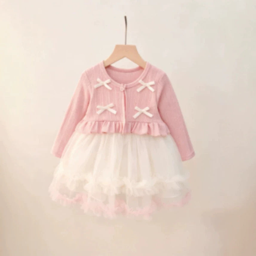 Girls' princess dress - new autumn collection: long-sleeved mesh dress with sweet bow detail - stylish and chic for little girls