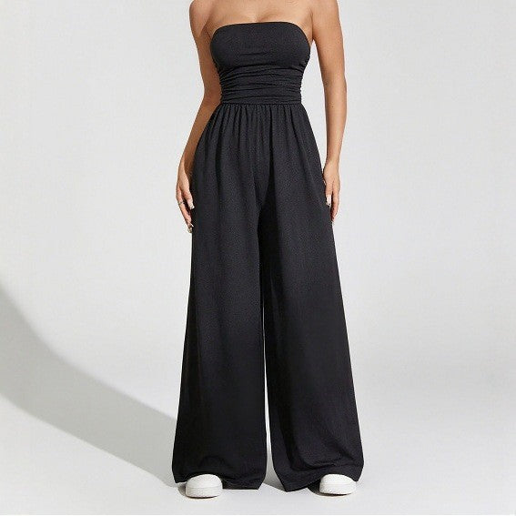 Pre-sale new women's low-neck tube top waist jumpsuit pleated casual high-waisted wide-leg casual fashion jumpsuit