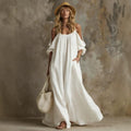 Fashion  independent station vacation style pocket sling off-shoulder cotton and linen looseslimming look large swing dress