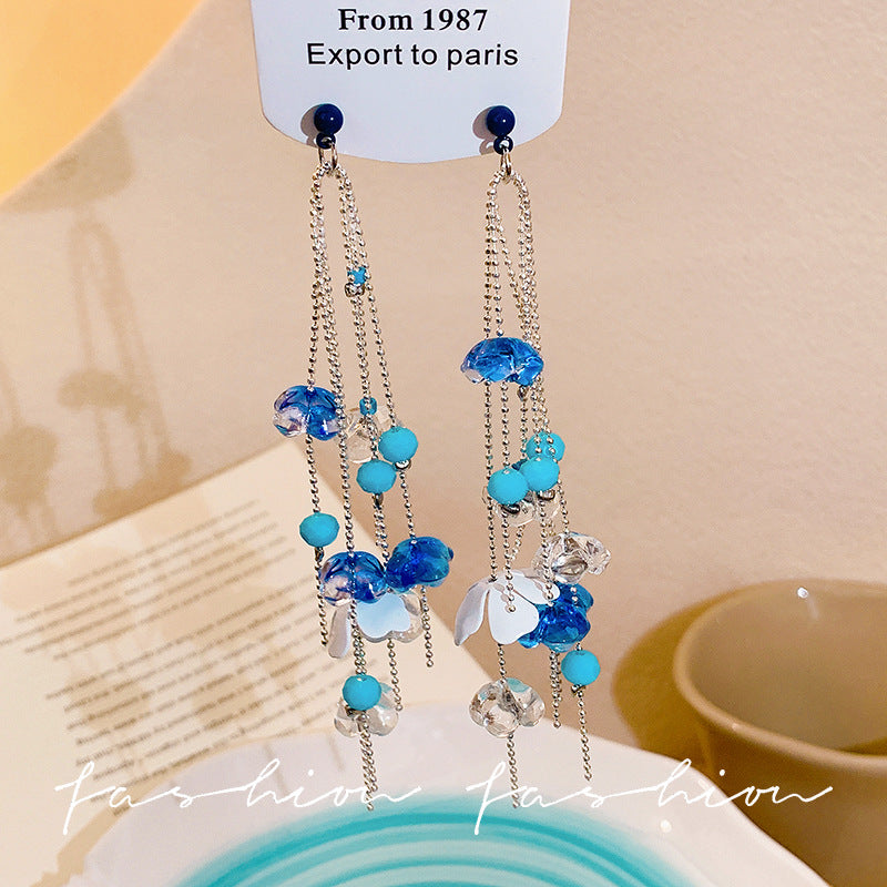 French chic tassel flower stud earrings - ethereal blue, fresh & elegant, unique long earrings for spring/summer beach looks