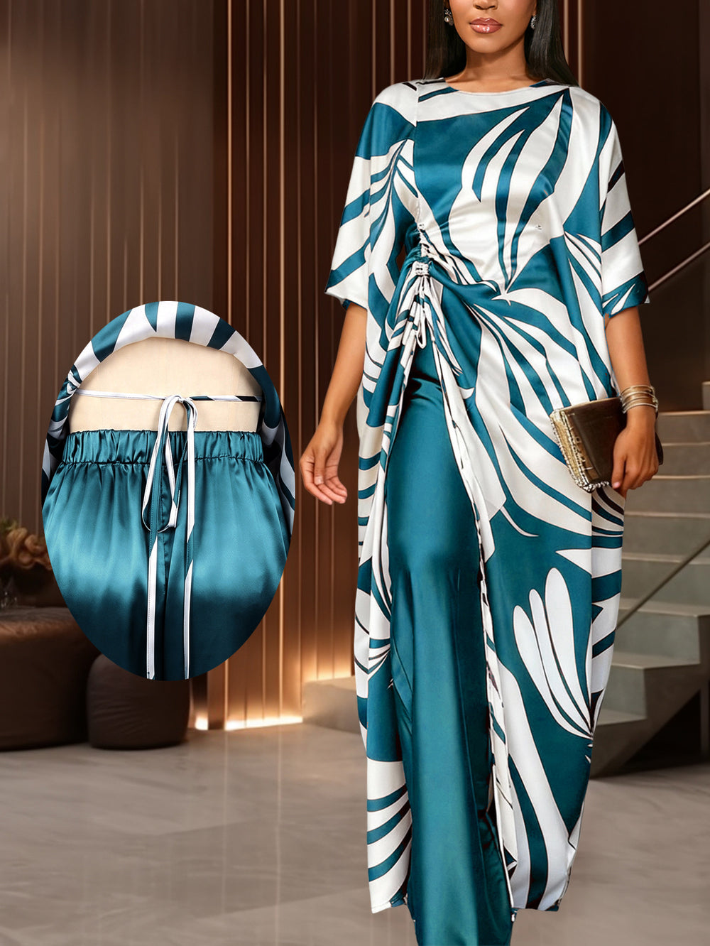 African print robe and pants set - drawstring tie-up loose top with casual wide-leg pants two-piece set