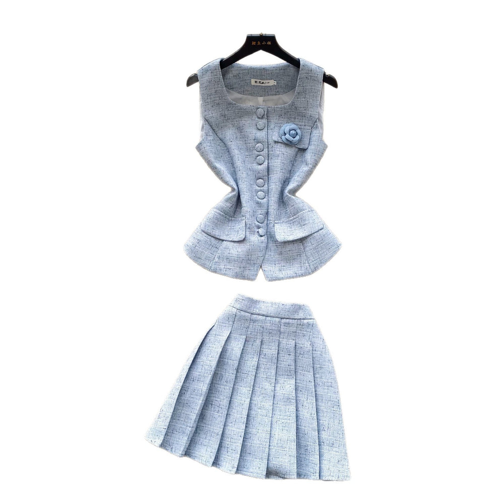 Xiaoxiangfeng single-breasted sleeveless vest pleated skirttwo-piece set female summer light and mature styleeasiest for match age-reducing elegantsuit