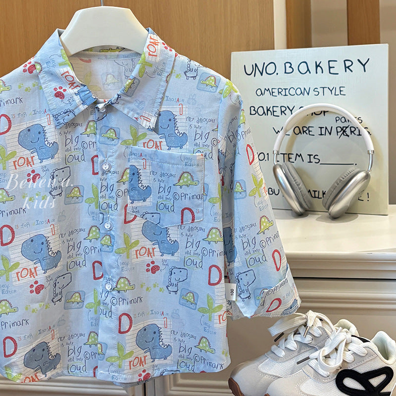 Kids' 100% cotton shirt - new autumn collection: korean style, all-over cartoon print, long-sleeve casual top - versatile and stylish for boys