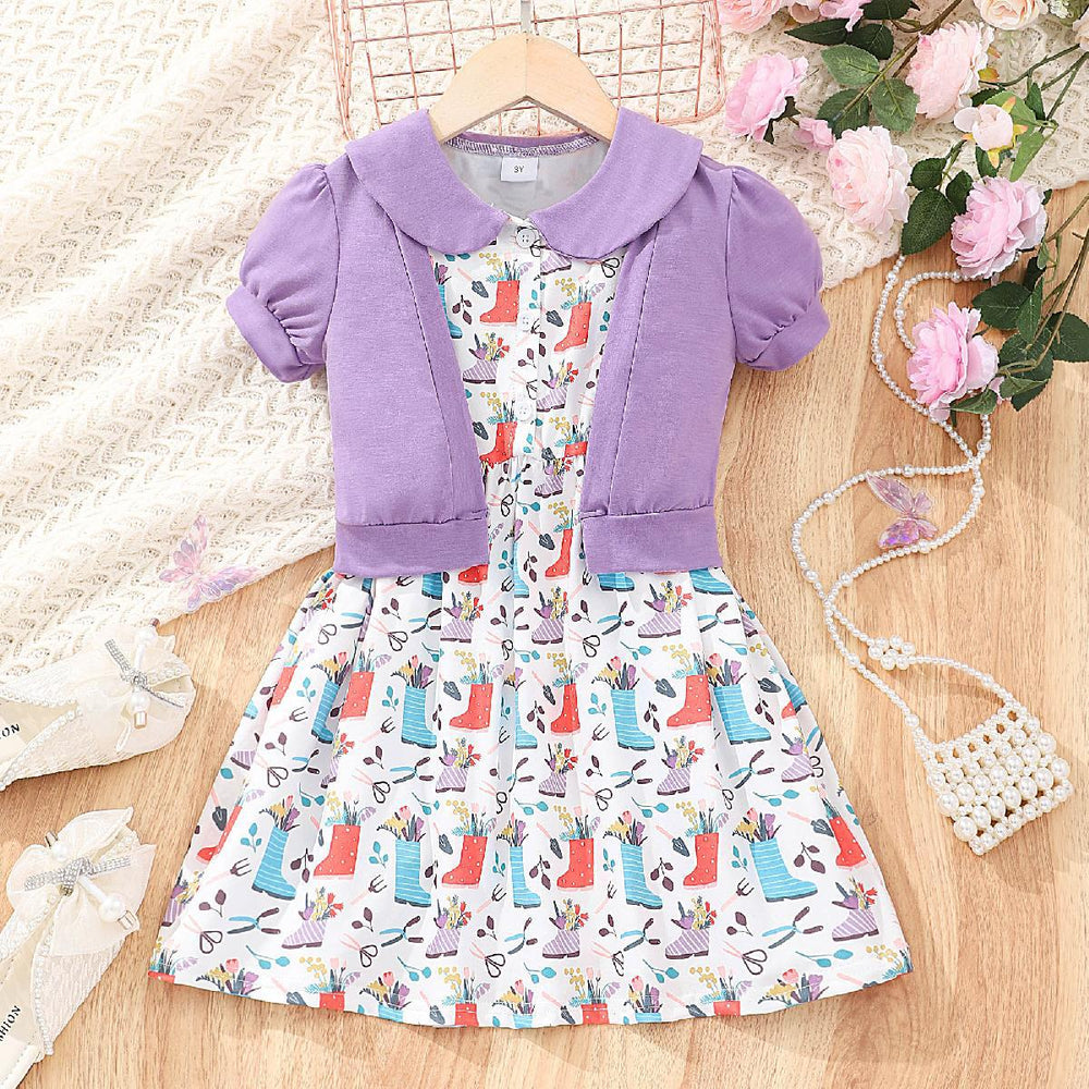 Kids' two-piece set: solid color jacket & printed dress