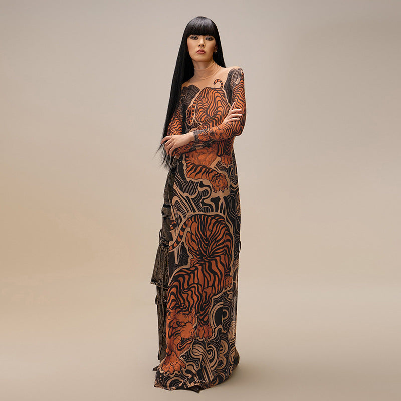 Europe, America 2025 new spring women's clothing personalized trend fashion printing semi-turtleneck mesh long high split top