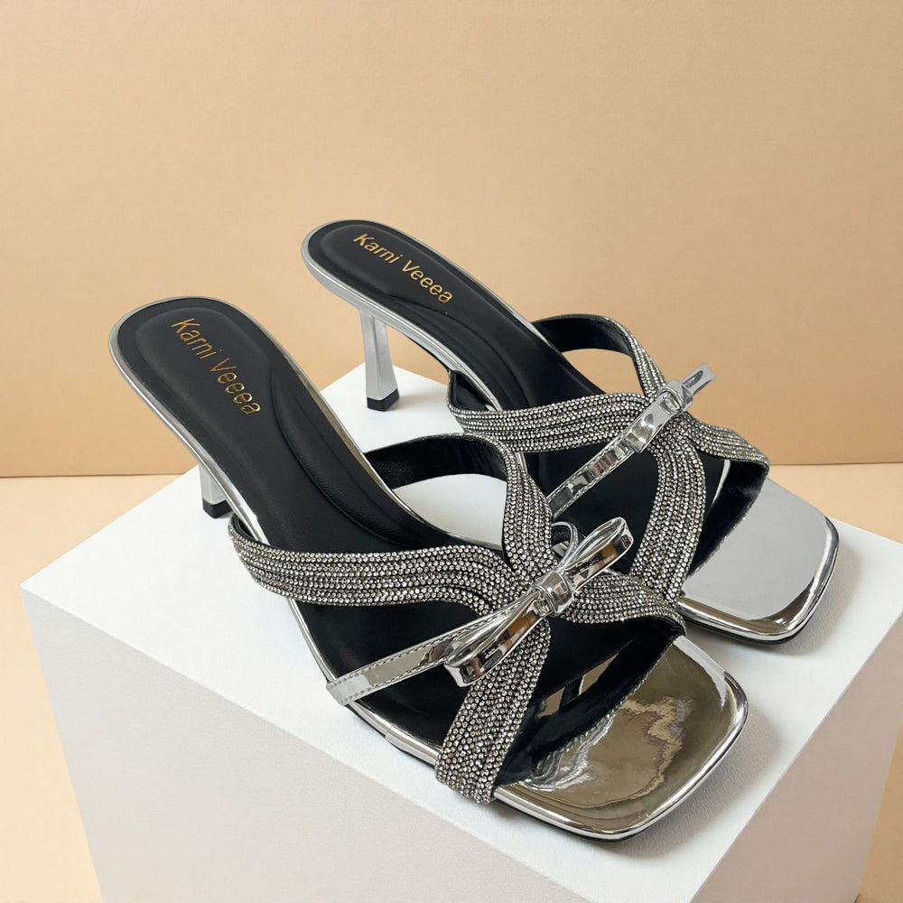 2026 stiletto heel square toe mules - rhinestone high heel sandals for women - silver summer outdoor wear - trendy bow design