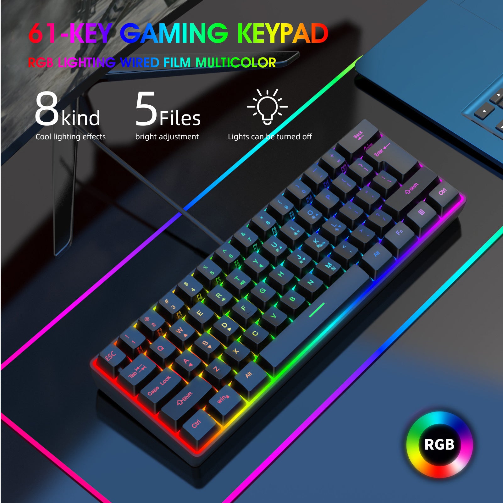 K401 Wired gaming 61-key small keyboard with RGB lightingUSB
