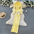 Xiaoxiangfengclassy lapel long sleeves slit knittingtopshigh waist hip-covering skirtelegantfrenchtwo-piece set