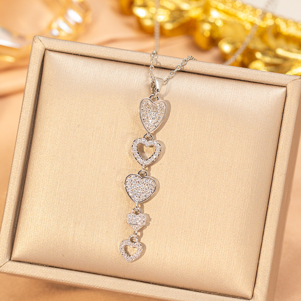 [titanium steel] fashion popular copper inlaid zirconium long heart necklace for women, accessible luxury fashion, high-end collarbone chain accessories