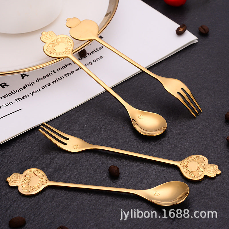 Crown Stainless Steel Spoon Heart Spoon and Fork Gift Box Set Creative Coffee Stir Honey Bird's Nest Dessert Gift Spoon