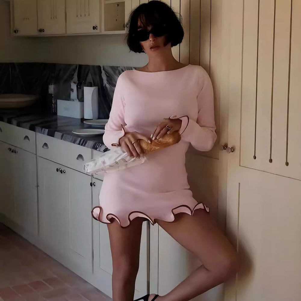 Aliexpress fashion: new autumn/winter european & american style women's elegant solid color round neck lace trim short long sleeve knitted dress