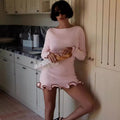 Aliexpress fashion: new autumn/winter european & american style women's elegant solid color round neck lace trim short long sleeve knitted dress