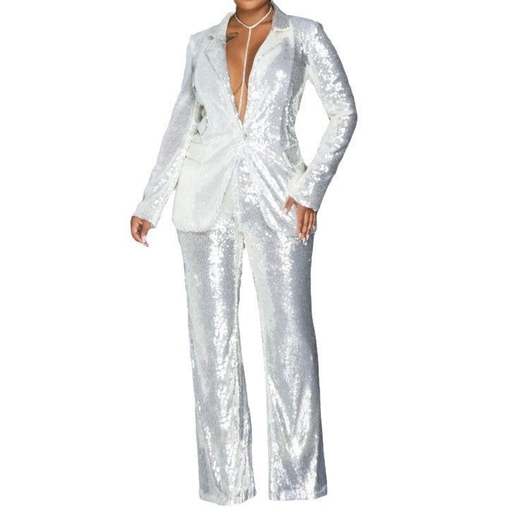 summer cross-border jumpsuit: new european and american style  women's long-sleeve v-neck sequin jumpsuit two-piece set