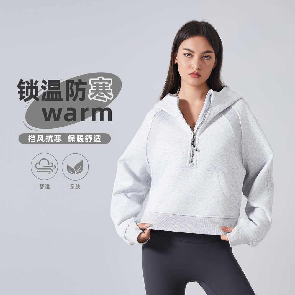 Fall and winterfleece-linedheattech yoga wear half-zip hooded sweatshirt outdoor fitness loose sports tops women's daw139
