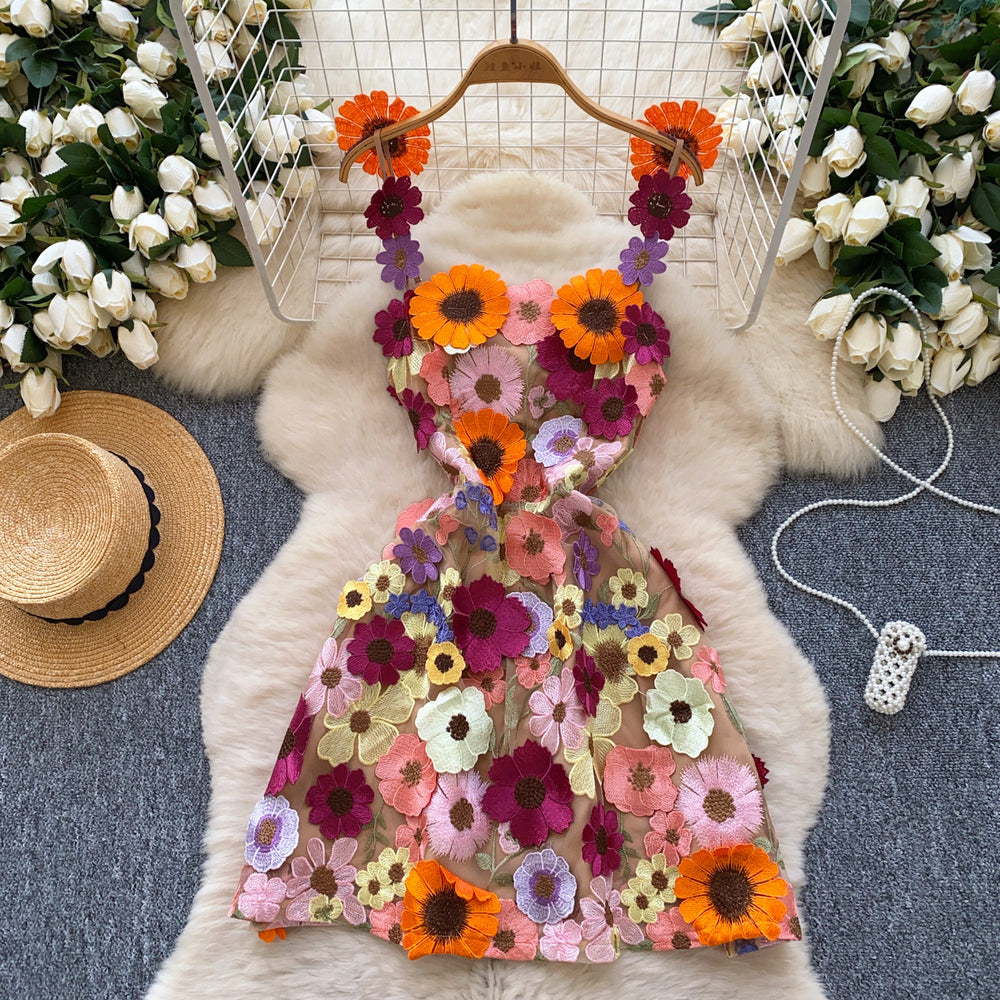 Exportniche stylefrenchsense of designstereo flower mesh embroider waist silm suspender a-line dress short skirt