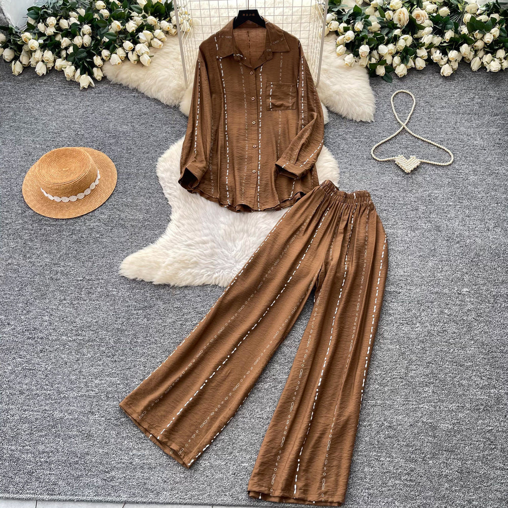 Lazy style pink cardigan wide-leg pants two-piece set female autum lazy feeling work clothingeasiest for matchfashionableelegantsuit