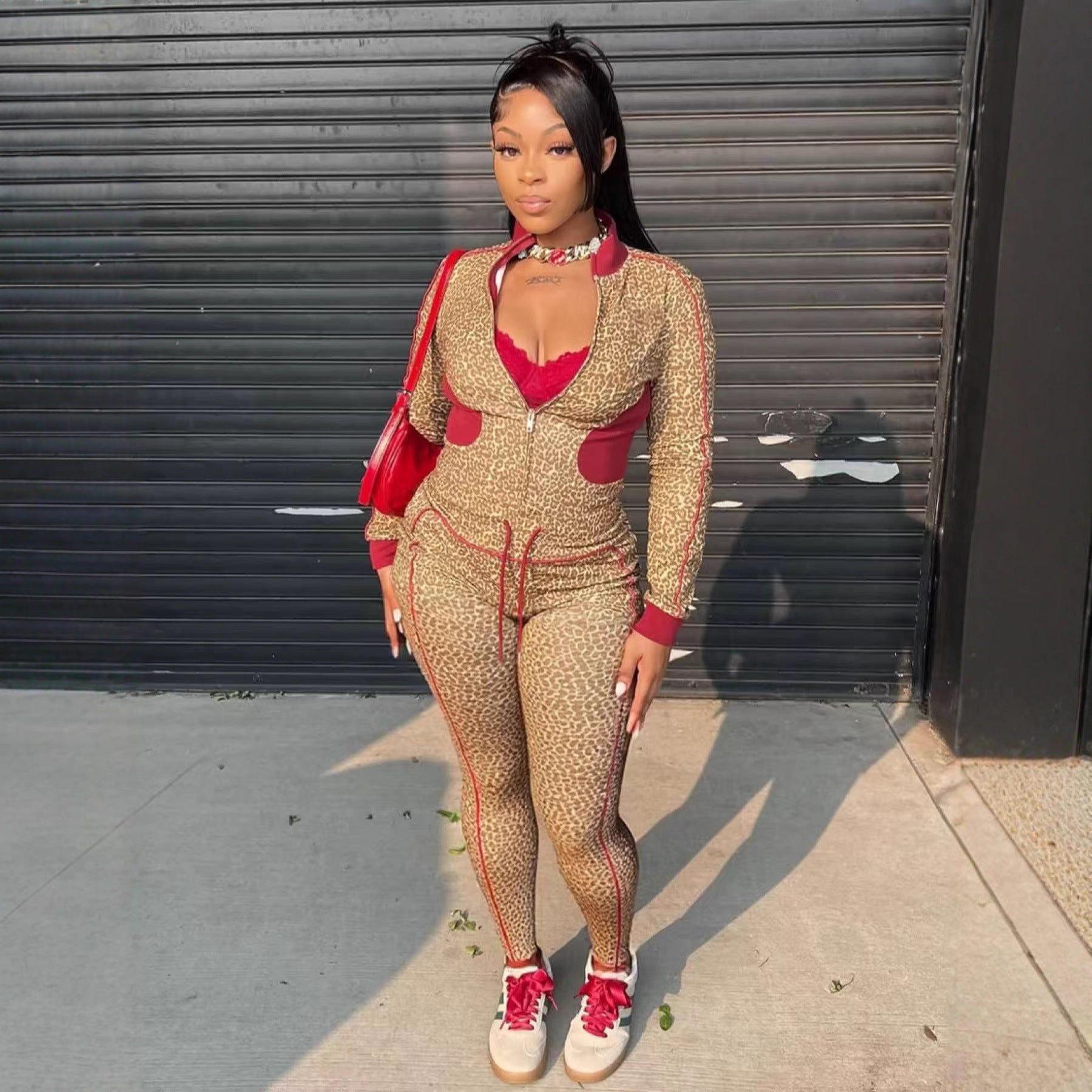 Europe and the United States  2025 new women's clothing leopard print contrasting color long-sleeved zipper cardigan drawstring trousers two-piece set