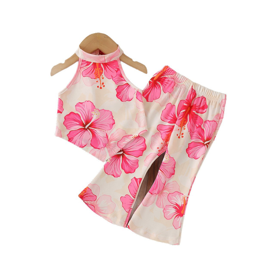 Kids clothing cross-border exclusive for european and american girls new arrival children's pink flower pattern vest + pants