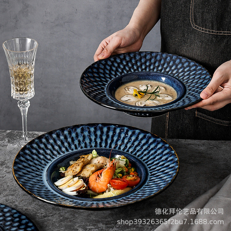 Japanese kiln-turned-beautiful western food plate, household polka dot creative tall spaghetti plate, soup plate, dessert plate