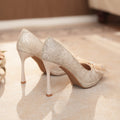 Champagne pointed toe high heels women's wedding shoes xiuhe wedding dress two-wear bridesmaid shoes rhinestone bows waterproof platform pueraria lobata