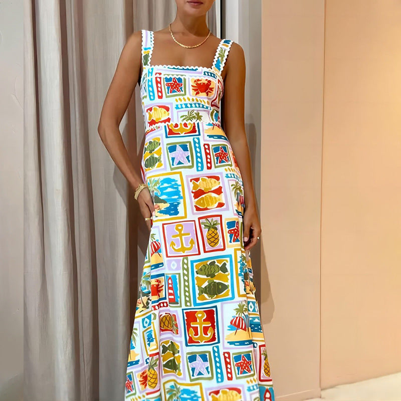 cross-border e-commerce european and american women's clothing: new summer collection - graffiti print cami bandeau maxi dress 661