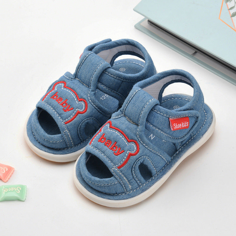 Baby cloth sandals for boys, summer, ages 0-1-2-3 years, infant anti-slip soft sole squeaky shoes, girls' first walker shoes, baby shoes