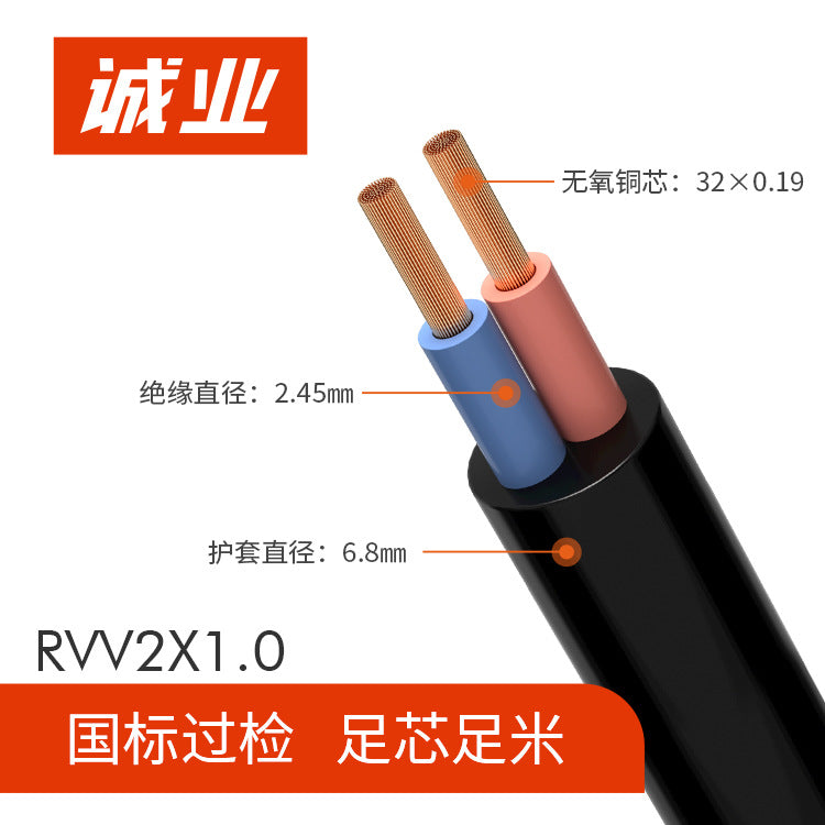 RVV2 core pure copper monitoring and control sheathed wire 05/1/1 square national standard full core full meter power cord