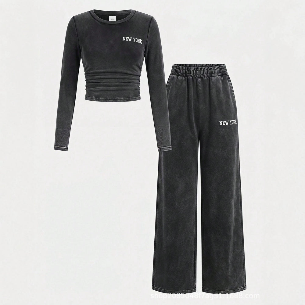 retro washed women's suit round neck pleated short long sleeves tops elastic waist distressed wide leg sweatpants