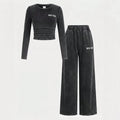 retro washed women's suit round neck pleated short long sleeves tops elastic waist distressed wide leg sweatpants