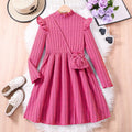 girldress peach pink autumlong sleevesknitting pit stripes flying sleeve skirt with shoulder bag kids long skirt