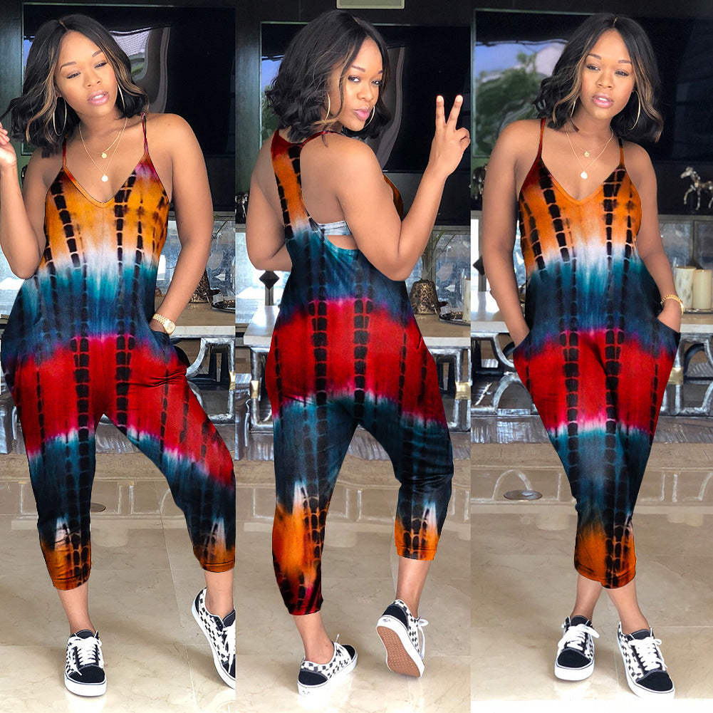 S390140 European and American summer wholesale casual off-the-shoulder hollow printing suspender jumpsuit fashion pencil pants women