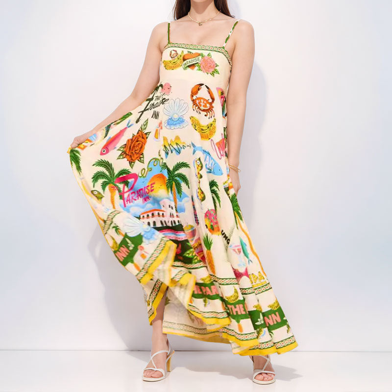 cross-border e-commerce european and american women's clothing: new summer collection - graffiti print, high-waisted cami dress with vacation vibes