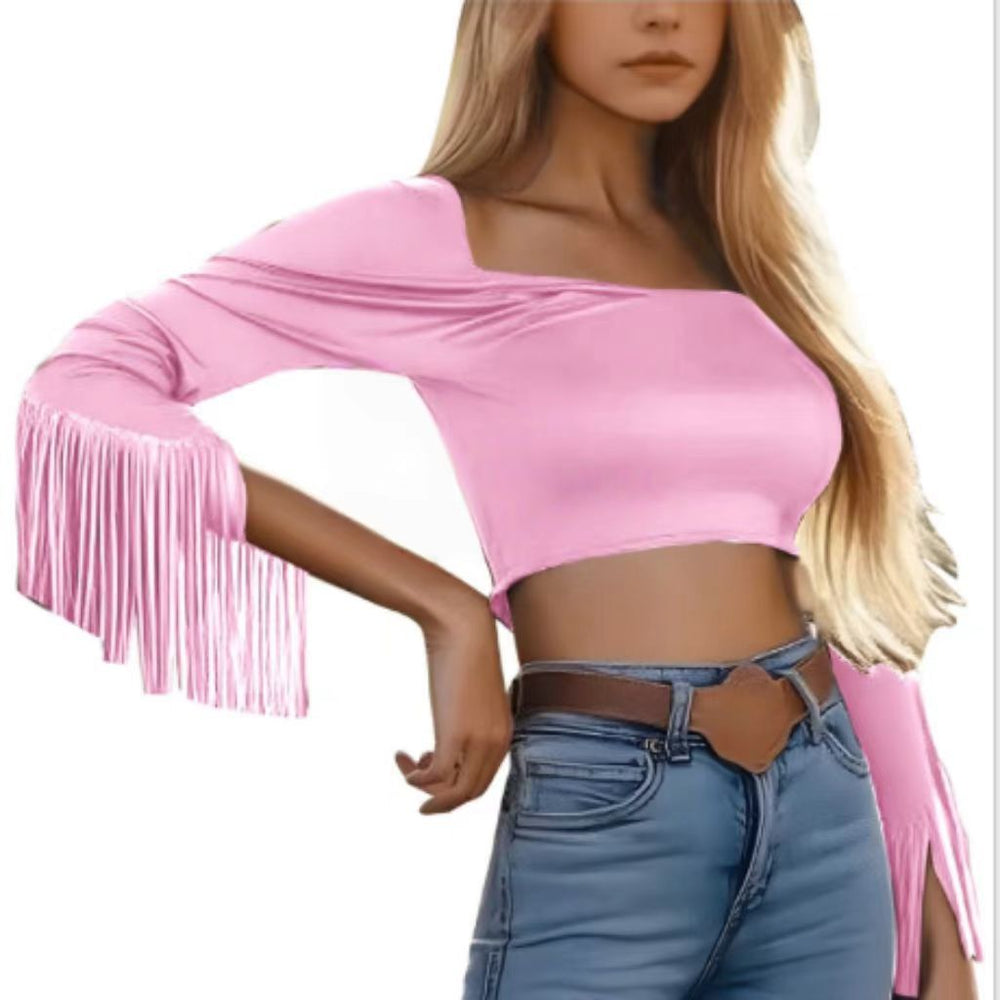 cross-border  new retro western style tassel bodycon top t-shirt