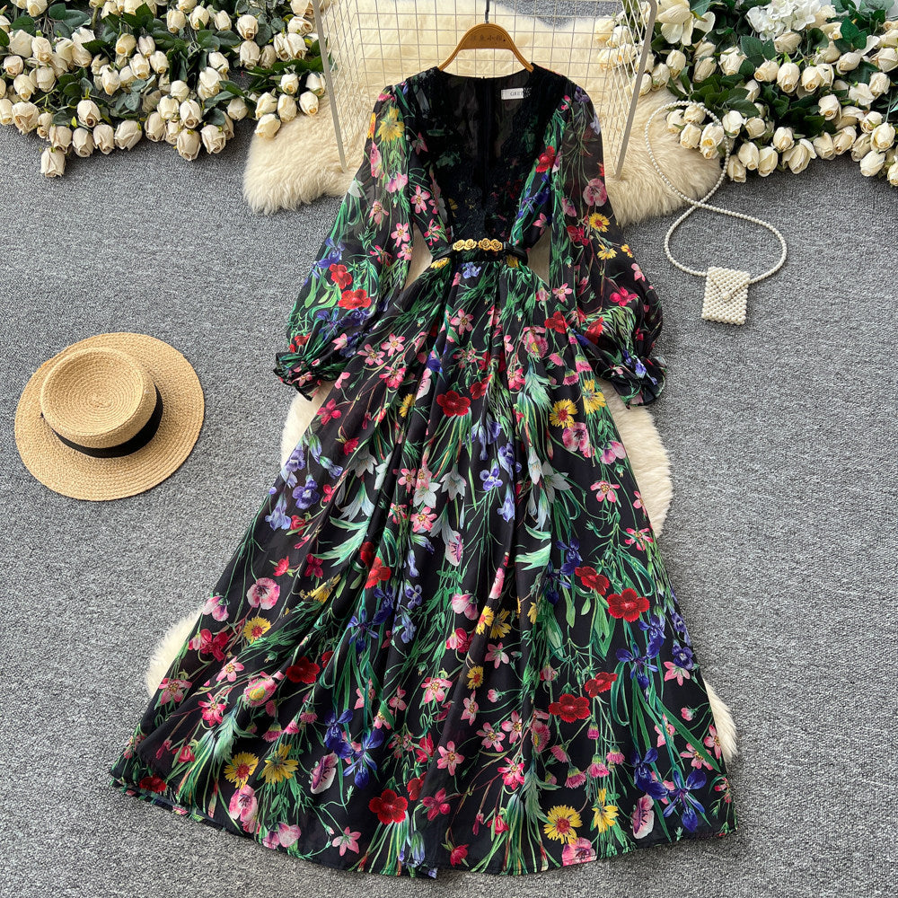 French chic print cutout dress - women's spring/summer v-neck lantern sleeve slimming midi dress