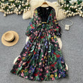 French chic print cutout dress - women's spring/summer v-neck lantern sleeve slimming midi dress