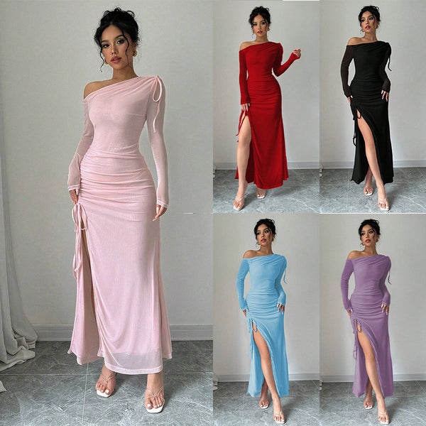 2025 autumn model,  European and American women's clothing, long-sleeved mesh yarn slanted shoulder pleated slim-fitting lace-up split-fork long dress