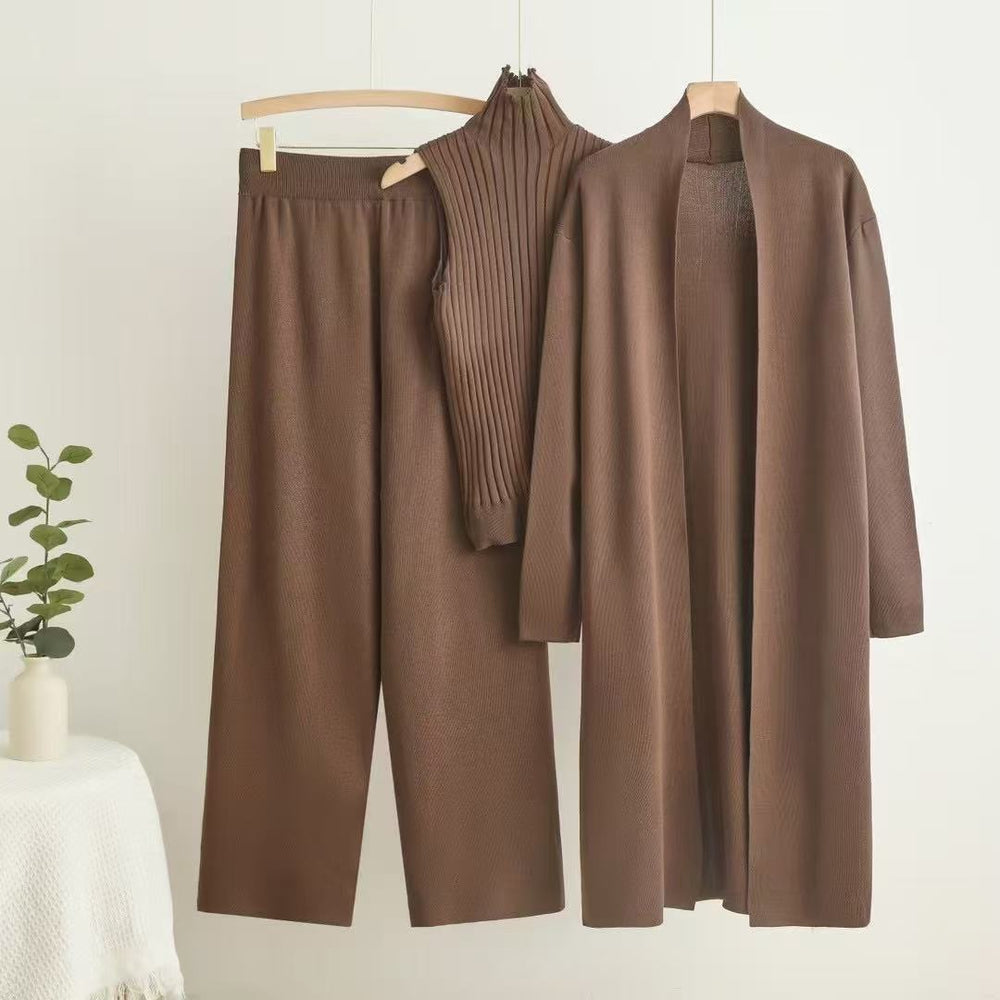 fashionloosecasualknittingsuit women's long shawl cardigan + turtleneck sweater + loose pants three-piece set