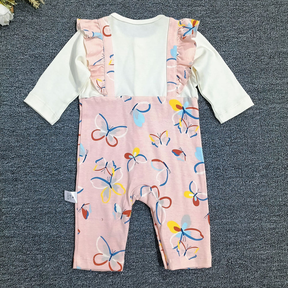 Baby girl's pure cotton butterfly romper with ruffle trim, color-blocked long sleeves, snap closure, easy to put on and take off, perfect for outings and tummy time