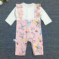 Baby girl's pure cotton butterfly romper with ruffle trim, color-blocked long sleeves, snap closure, easy to put on and take off, perfect for outings and tummy time