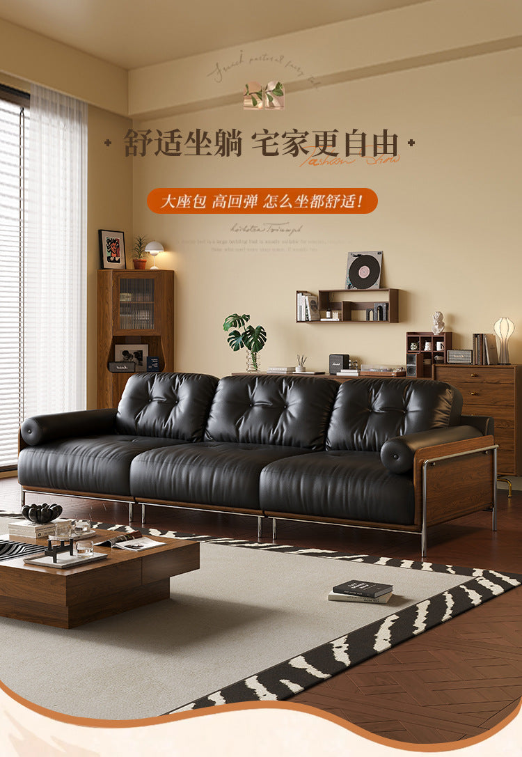 Used leather sofa, living room retro style italian high-end home straight-row small apartment three-seater cowhide sofa